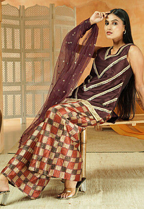 Digital Printed Art Silk Pakistani Suit in Dark Brown
