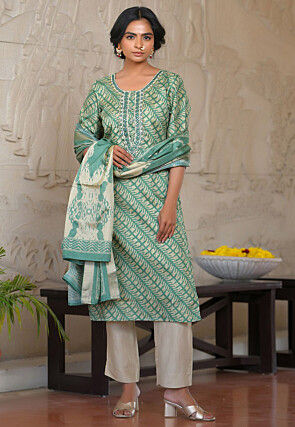 Digital Printed Art Silk Pakistani Suit in Dark Green