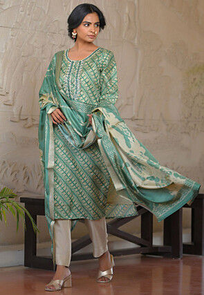 Digital Printed Art Silk Pakistani Suit in Dark Green
