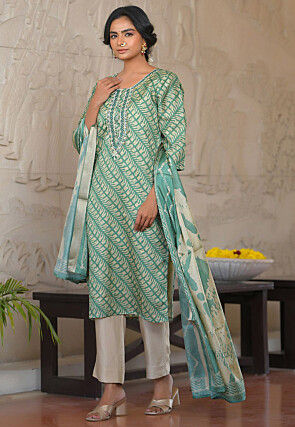 Digital Printed Art Silk Pakistani Suit in Dark Green