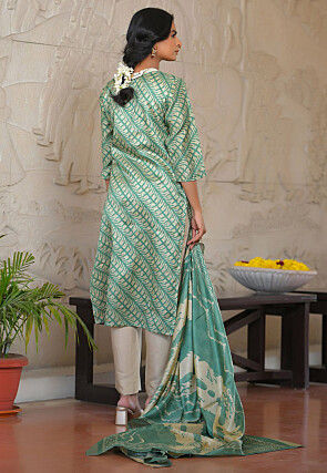 Digital Printed Art Silk Pakistani Suit in Dark Green