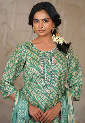 Digital Printed Art Silk Pakistani Suit in Dark Green