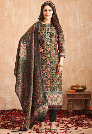 Digital Printed Art Silk Pakistani Suit in Dark Green