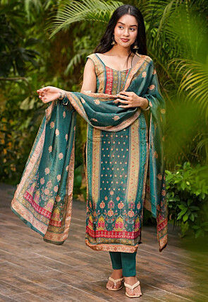 Digital Printed Art Silk Pakistani Suit in Dark Teal Green