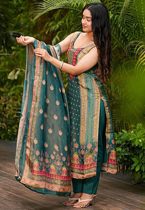 Digital Printed Art Silk Pakistani Suit in Dark Teal Green