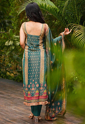 Digital Printed Art Silk Pakistani Suit in Dark Teal Green