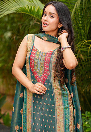 Digital Printed Art Silk Pakistani Suit in Dark Teal Green