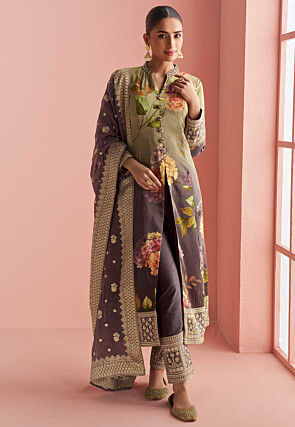 Digital Printed Art Silk Pakistani Suit in Green and Purple
