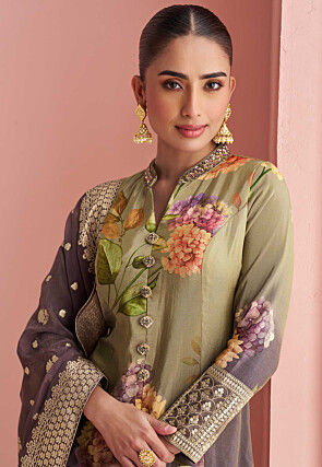 Digital Printed Art Silk Pakistani Suit in Green and Purple