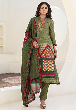 Digital Printed Art Silk Pakistani Suit in Dusty Green