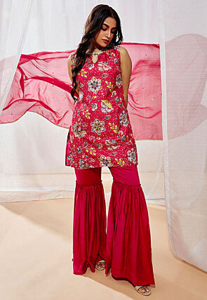 Digital Printed Art Silk Pakistani Suit in Fuchsia