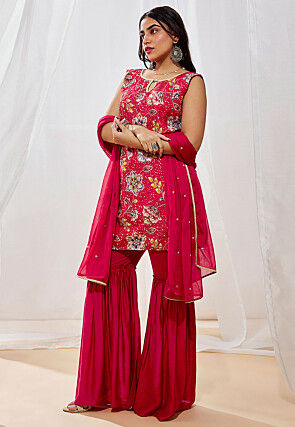 Digital Printed Art Silk Pakistani Suit in Fuchsia
