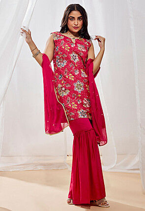 Digital Printed Art Silk Pakistani Suit in Fuchsia