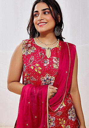 Digital Printed Art Silk Pakistani Suit in Fuchsia