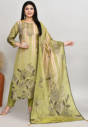Digital Printed Art Silk Pakistani Suit in Green