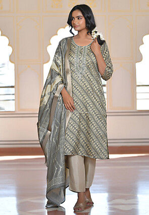 Digital Printed Art Silk Pakistani Suit in Grey