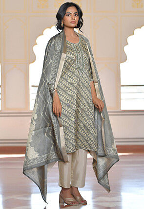 Digital Printed Art Silk Pakistani Suit in Grey