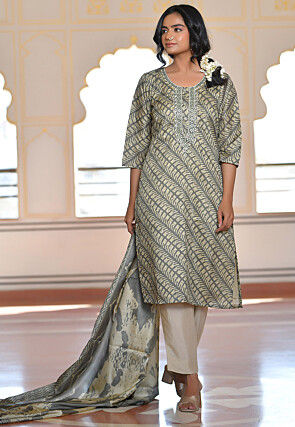 Digital Printed Art Silk Pakistani Suit in Grey