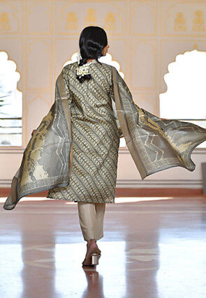 Digital Printed Art Silk Pakistani Suit in Grey