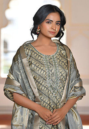 Digital Printed Art Silk Pakistani Suit in Grey