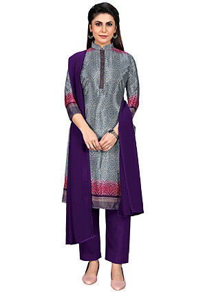Digital Printed Art Silk Pakistani Suit in Grey