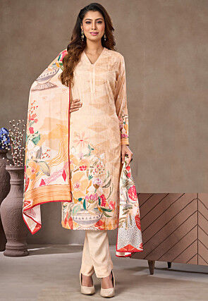 Digital Printed Art Silk Pakistani Suit in Light Beige