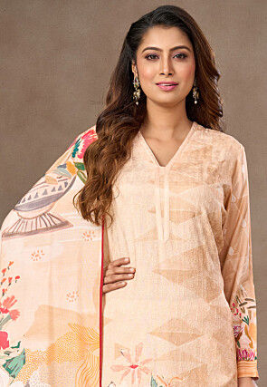 Digital Printed Art Silk Pakistani Suit in Light Beige