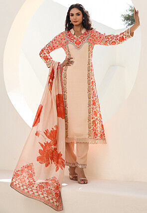 Digital Printed Art Silk Pakistani Suit in Light Beige