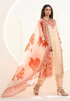 Digital Printed Art Silk Pakistani Suit in Light Beige
