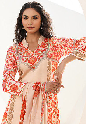 Digital Printed Art Silk Pakistani Suit in Light Beige