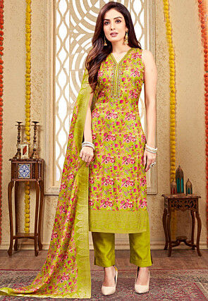 Digital Printed Art Silk Pakistani Suit in Light Green