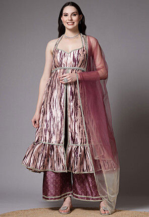 Digital Printed Art Silk Pakistani Suit in Peach and Purple