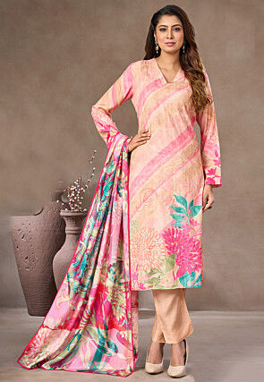 Digital Printed Art Silk Pakistani Suit in Light Peach and Pink