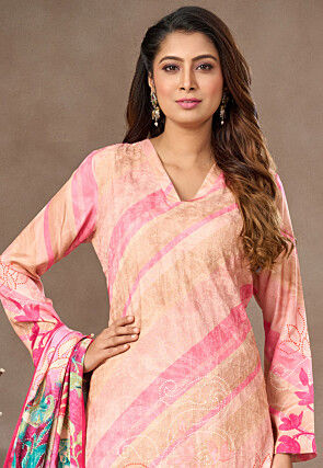 Digital Printed Art Silk Pakistani Suit in Light Peach and Pink