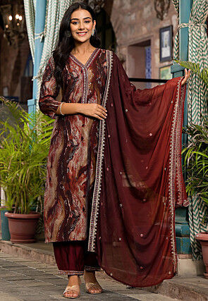 Digital Printed Art Silk Pakistani suit in Maroon