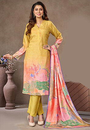 Digital Printed Art Silk Pakistani Suit in Mustard