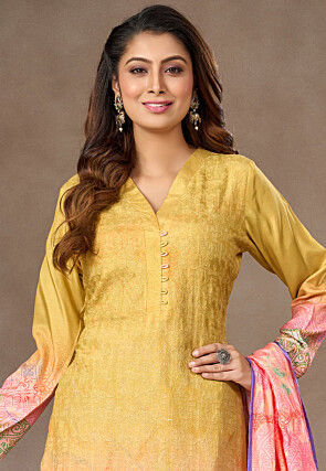 Digital Printed Art Silk Pakistani Suit in Mustard