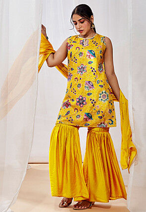Digital Printed Art Silk Pakistani Suit in Mustard