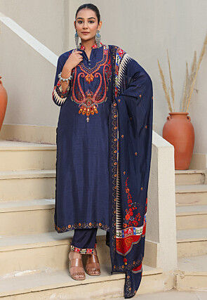 Digital Printed Art Silk Pakistani Suit in Navy Blue