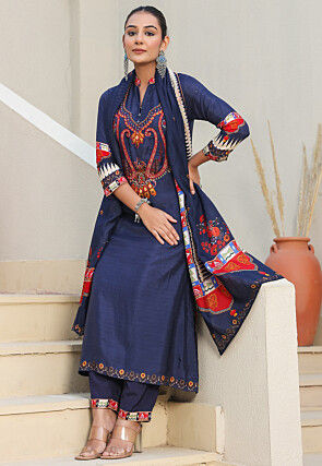 Digital Printed Art Silk Pakistani Suit in Navy Blue