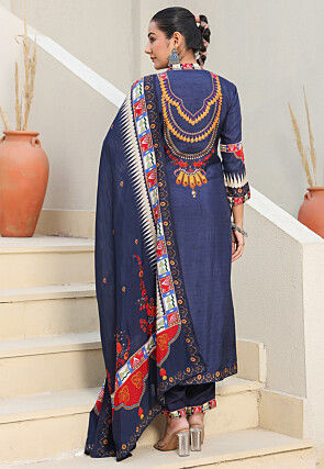 Digital Printed Art Silk Pakistani Suit in Navy Blue
