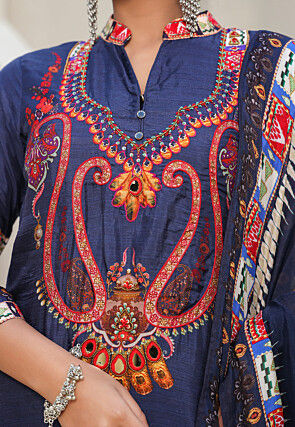 Digital Printed Art Silk Pakistani Suit in Navy Blue