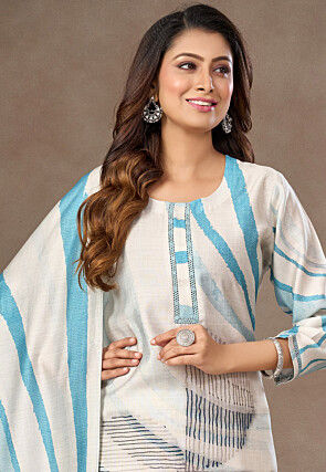 Digital Printed Art Silk Pakistani Suit in Off White