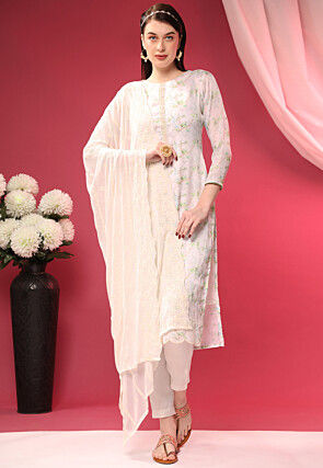 Digital Printed Art Silk Pakistani Suit in Off White : KCH10602