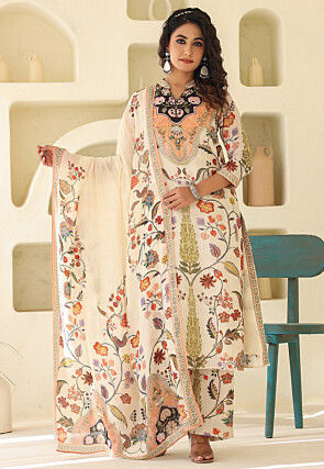 Digital Printed Art Silk Pakistani Suit in Off White