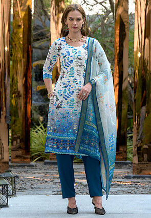 Digital Printed Art Silk Pakistani Suit in Off White