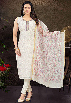 Digital Printed Art Silk Pakistani Suit in Off White