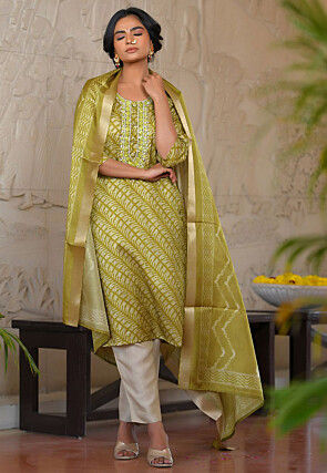 Digital Printed Art Silk Pakistani Suit in Olive Green
