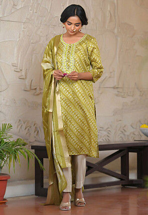 Digital Printed Art Silk Pakistani Suit in Olive Green