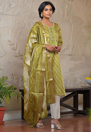 Digital Printed Art Silk Pakistani Suit in Olive Green